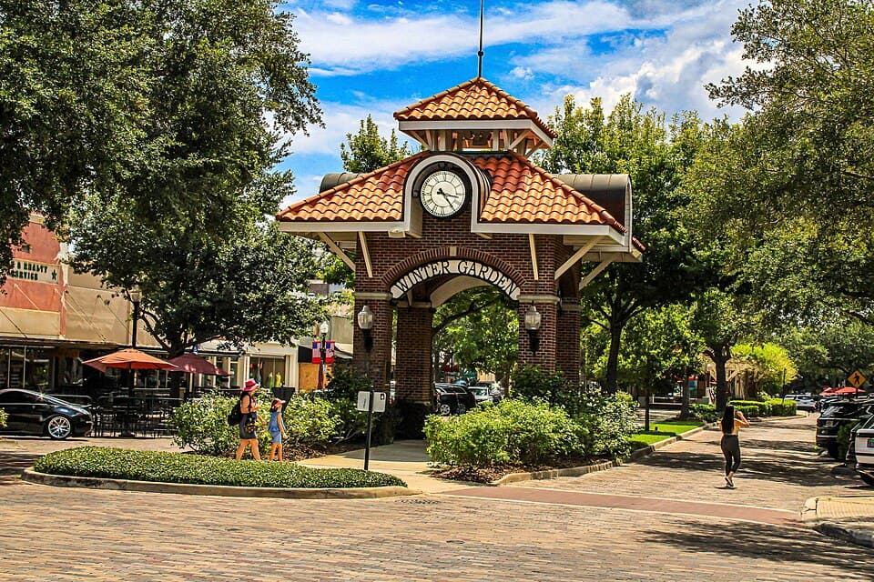 The clock tower on Plant Street in downtown Winter Garden, Florida